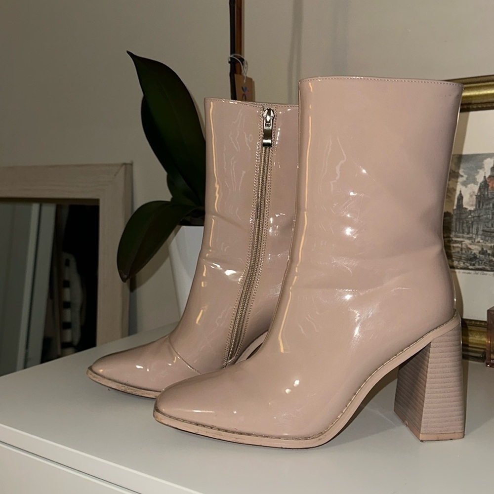 Womens Mid Calf, Square Toe, Chunky Block, Nude Booties